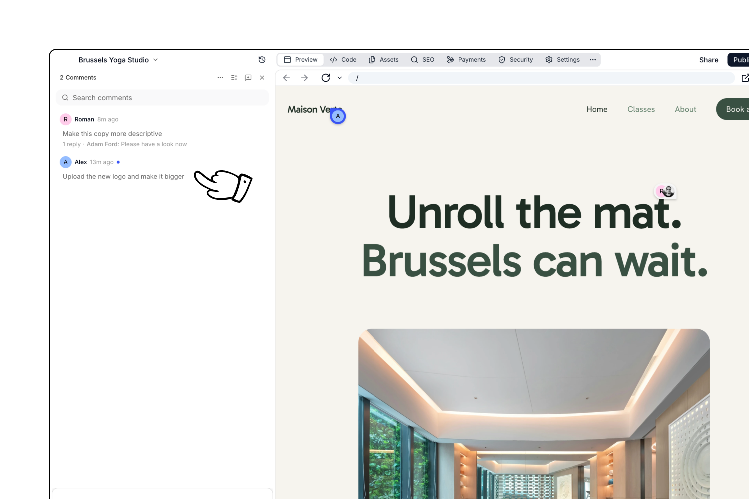 The Comments panel in the chat listing two threads, with a pin on the logo in the preview