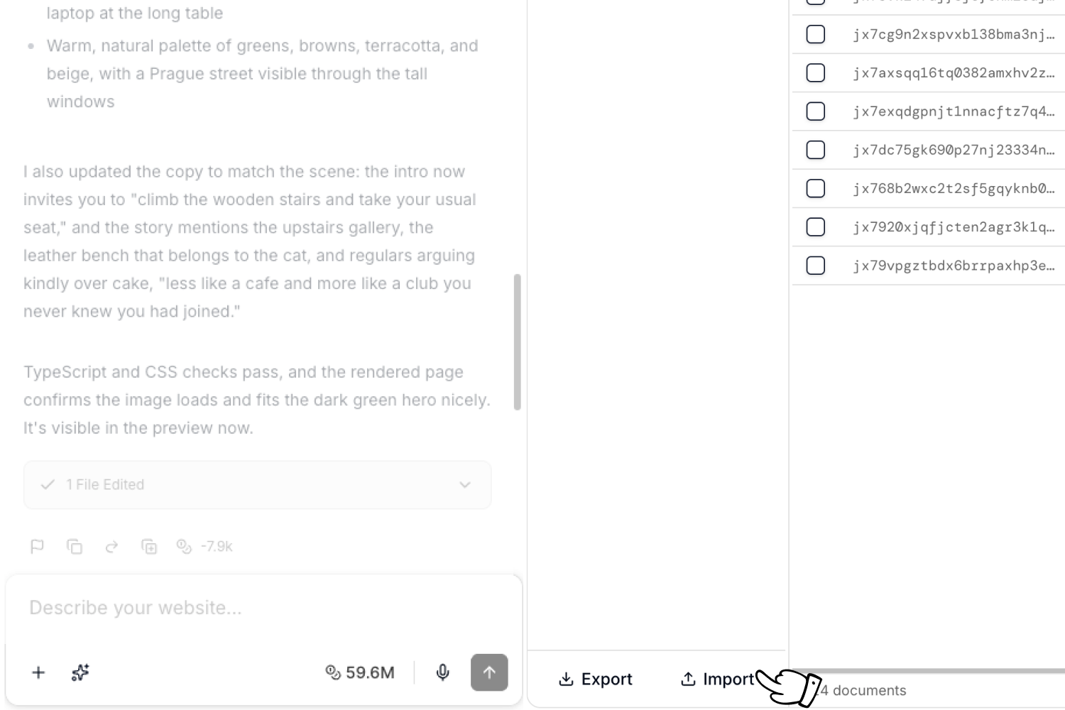 The Export and Import buttons at the bottom of the tables list