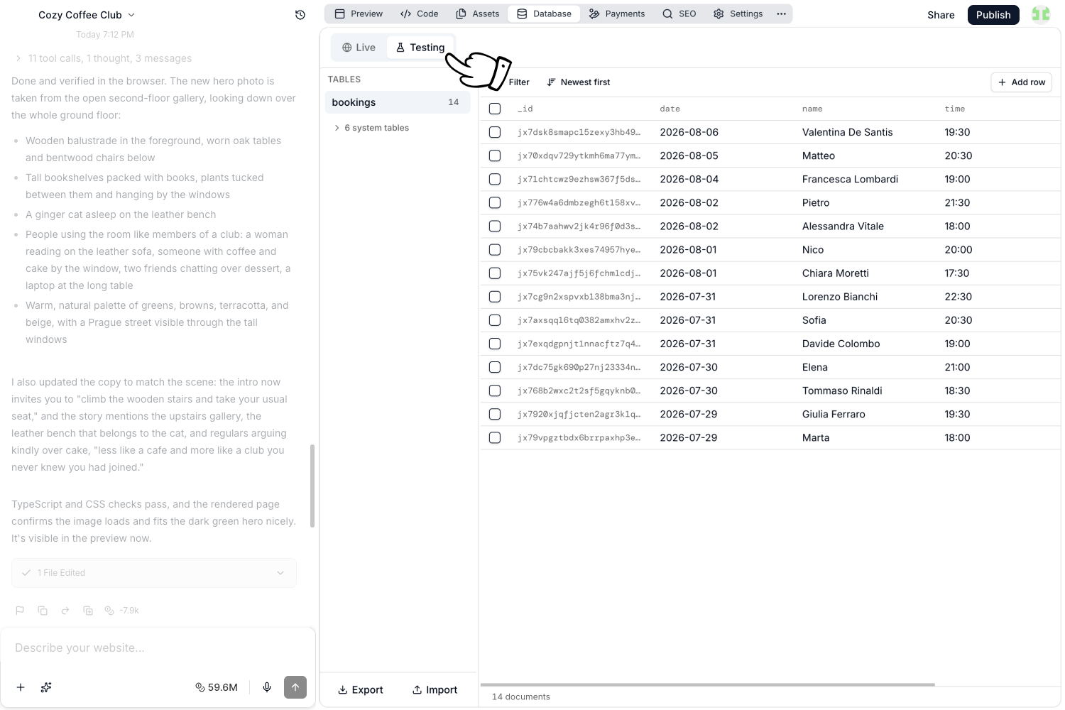 The Database tab switched to the Testing database, showing the Live and Testing buttons