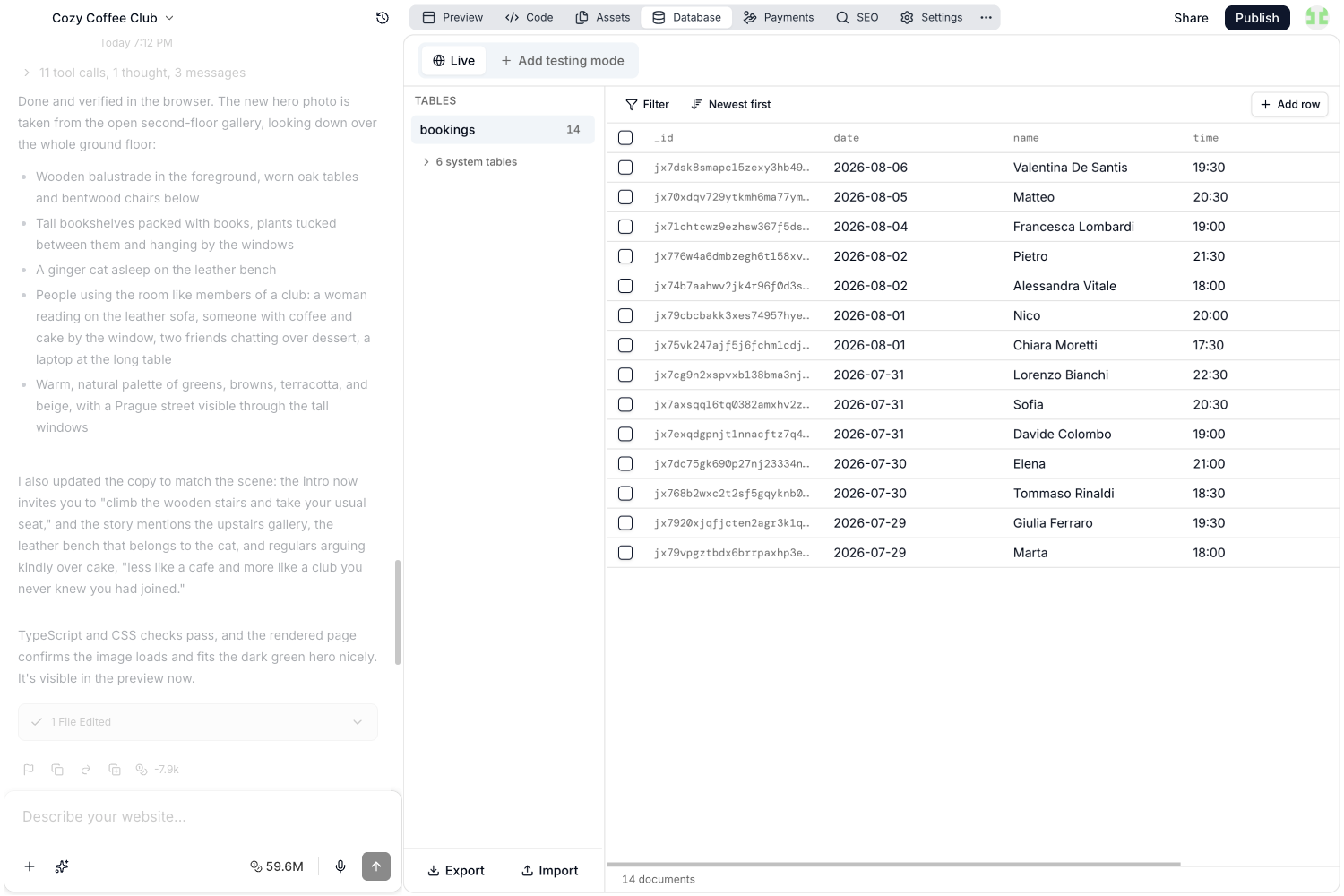 The Database tab with the tables list, a table of bookings, and the Export and Import buttons