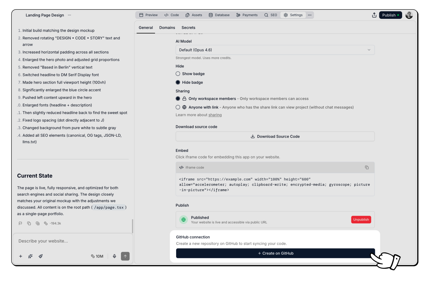 Settings General GitHub connection Create on GitHub button