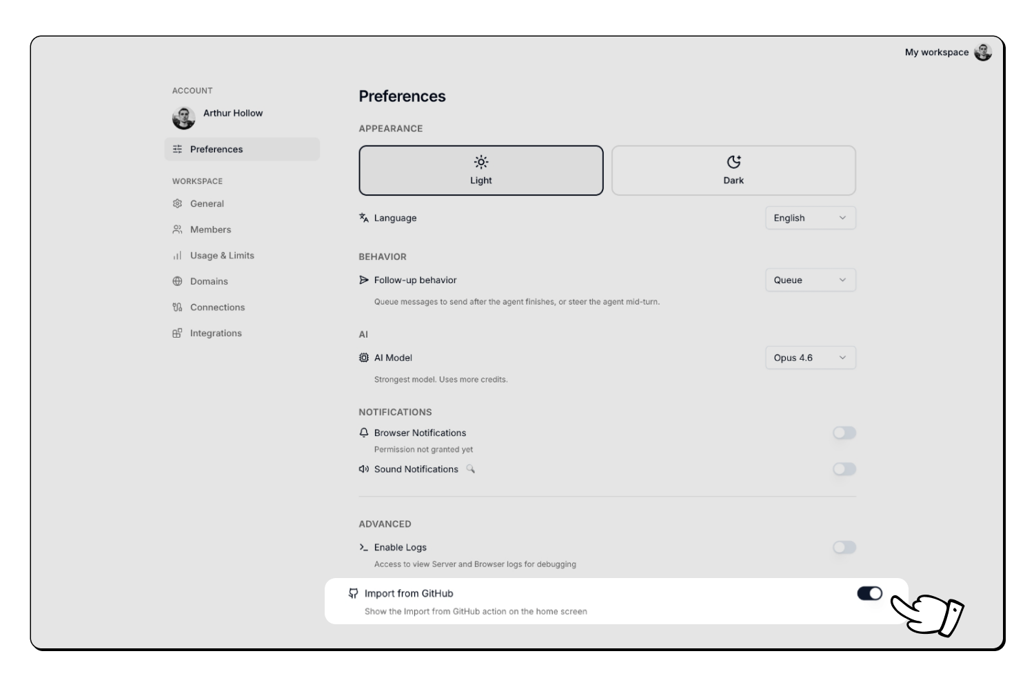 Preferences Advanced Import from GitHub toggle