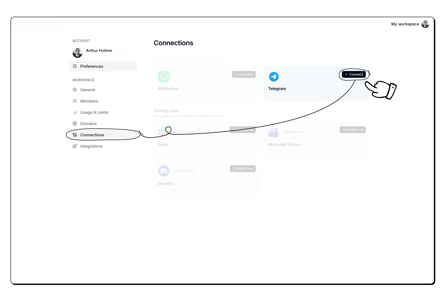 Settings Connections Telegram card