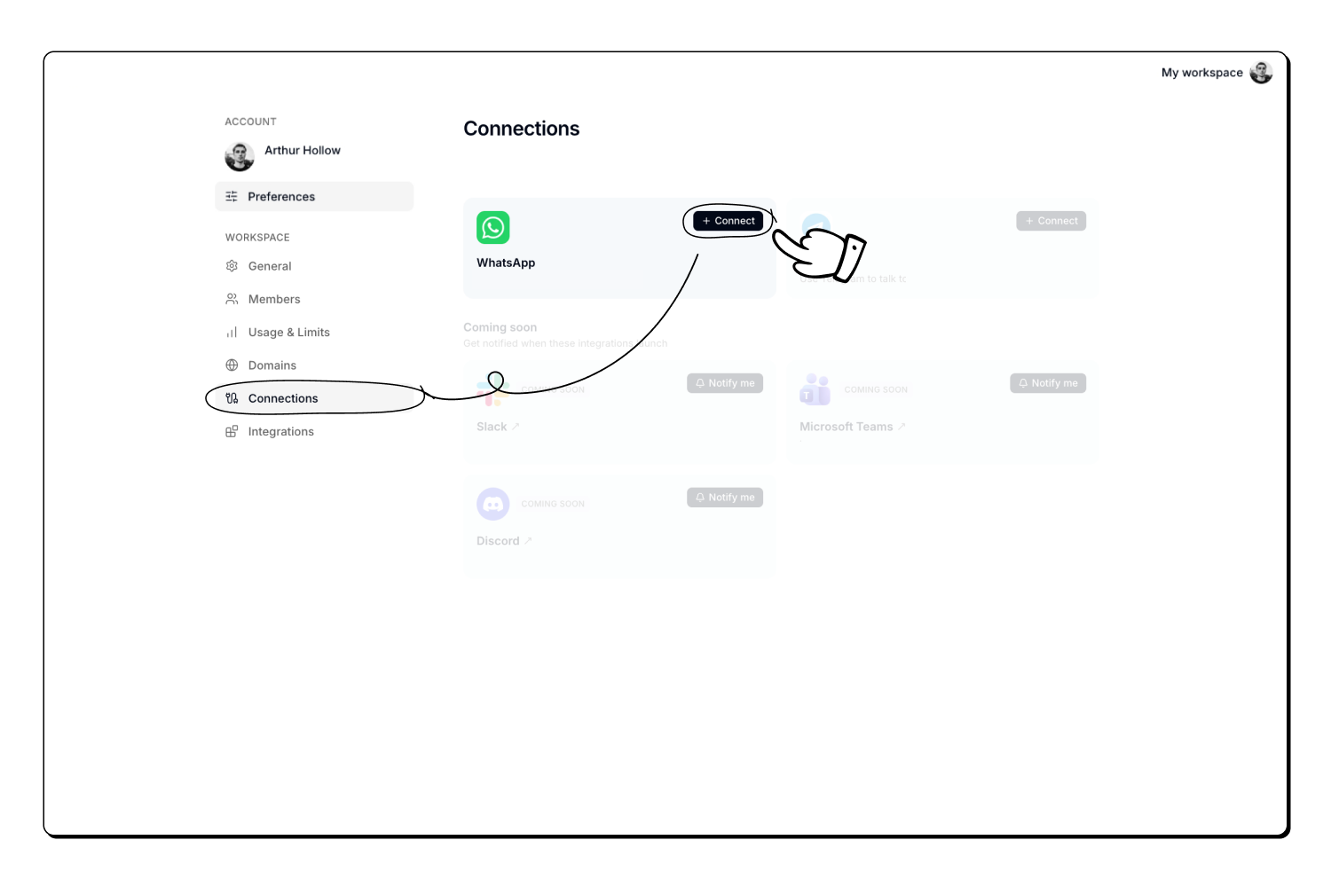 Settings Connections WhatsApp card