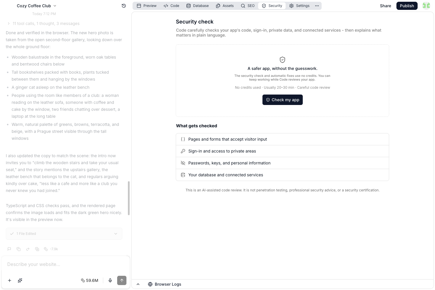 The Security tab before a check, with the Check my app button and the list of areas Vibewax will check