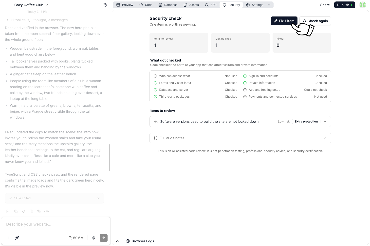 A finished security check with the coverage list, one item to review, and the fix button