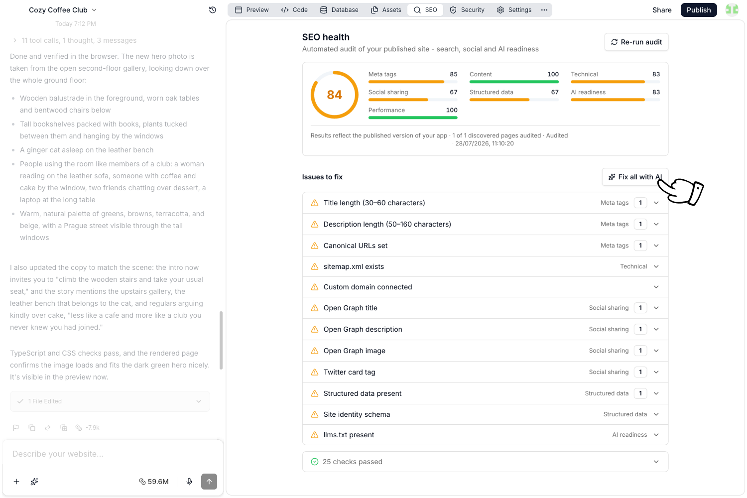 SEO health audit with score, category breakdown, and issues to fix