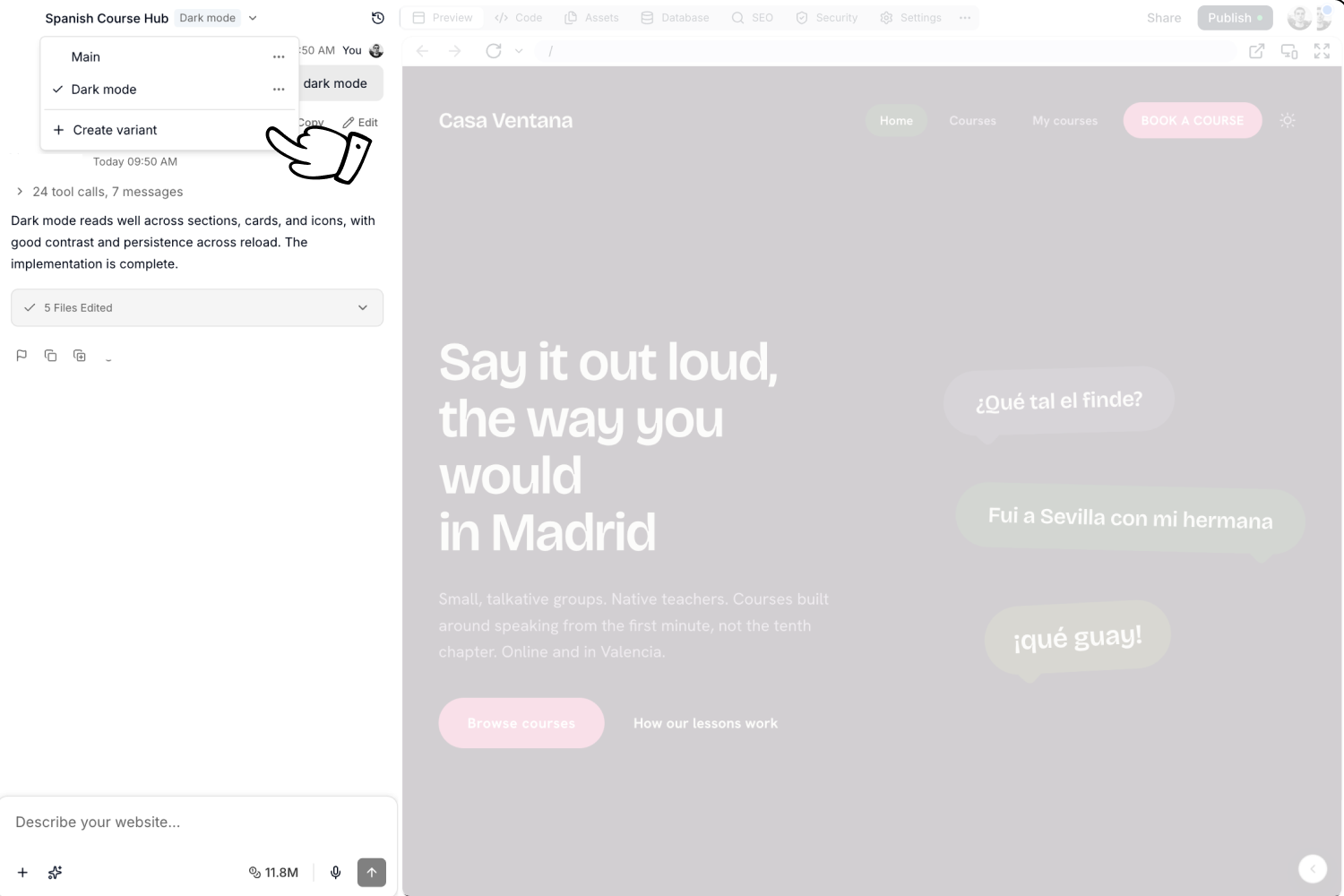 The variant selector open in the top bar, listing Main and Dark mode with the Create variant option below