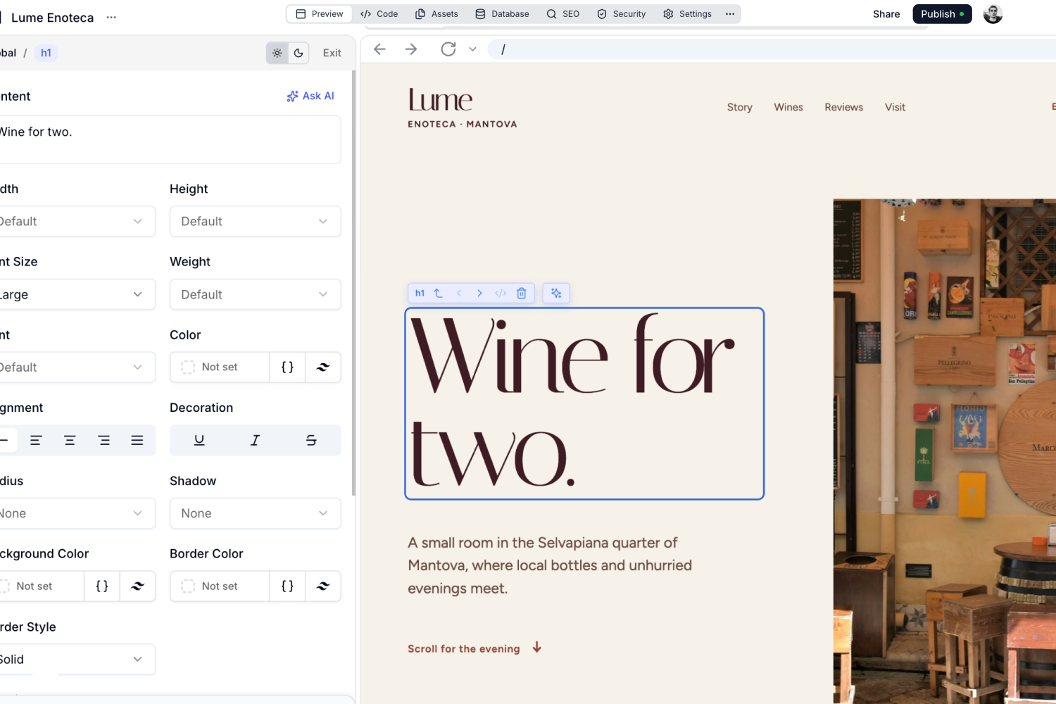 A heading selected in the preview, with its settings open in the left panel