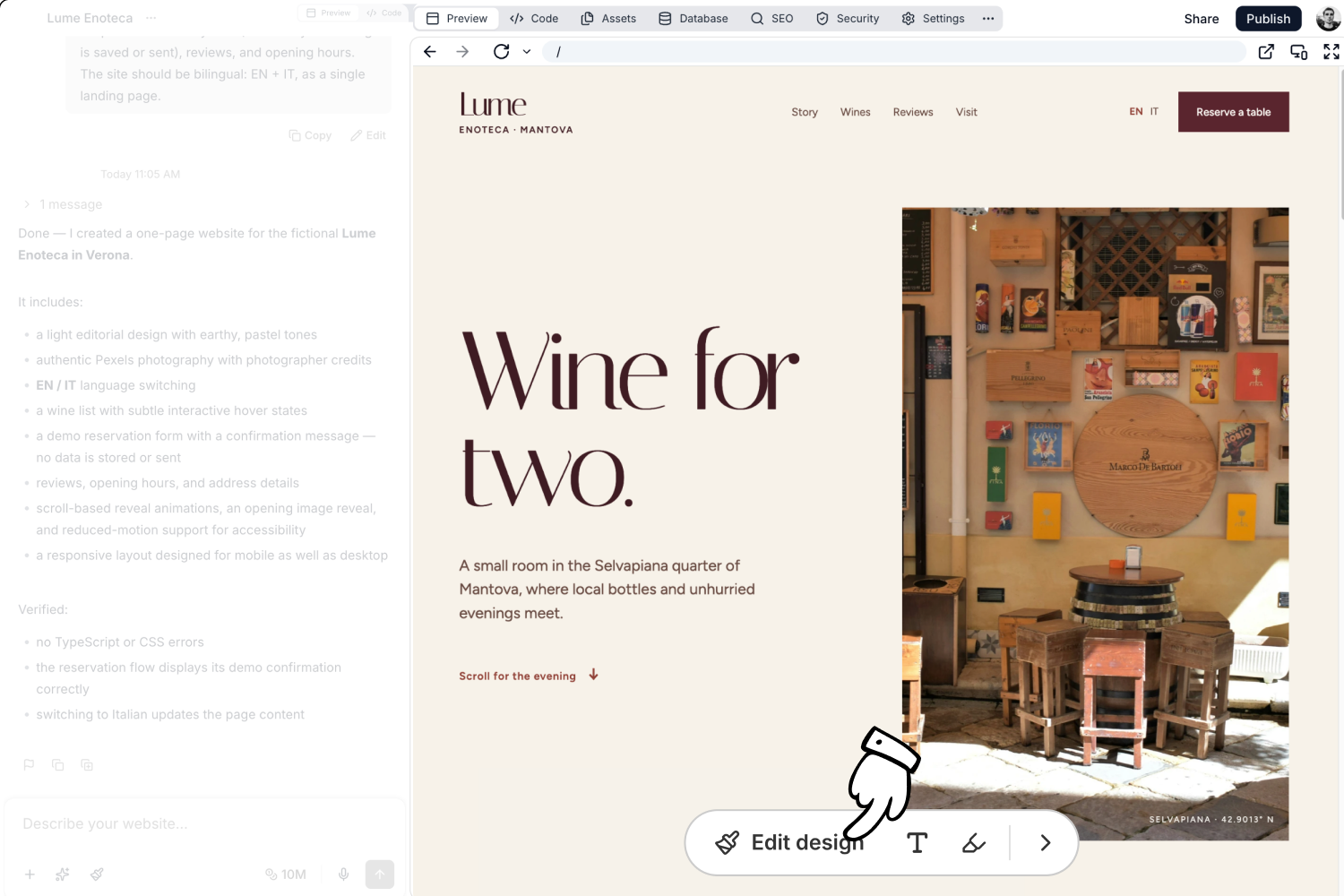 The toolbar floating over the preview, with Edit design, Edit text, and Annotation